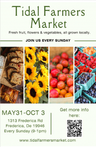 Tidal Farmers Market. Fresh fruit, flowers and vegetables, all grown locally. Join us every Sunday. May 31 through October 3. 1313 Frederica Rd, DE 19946. 9pm to 1pm.